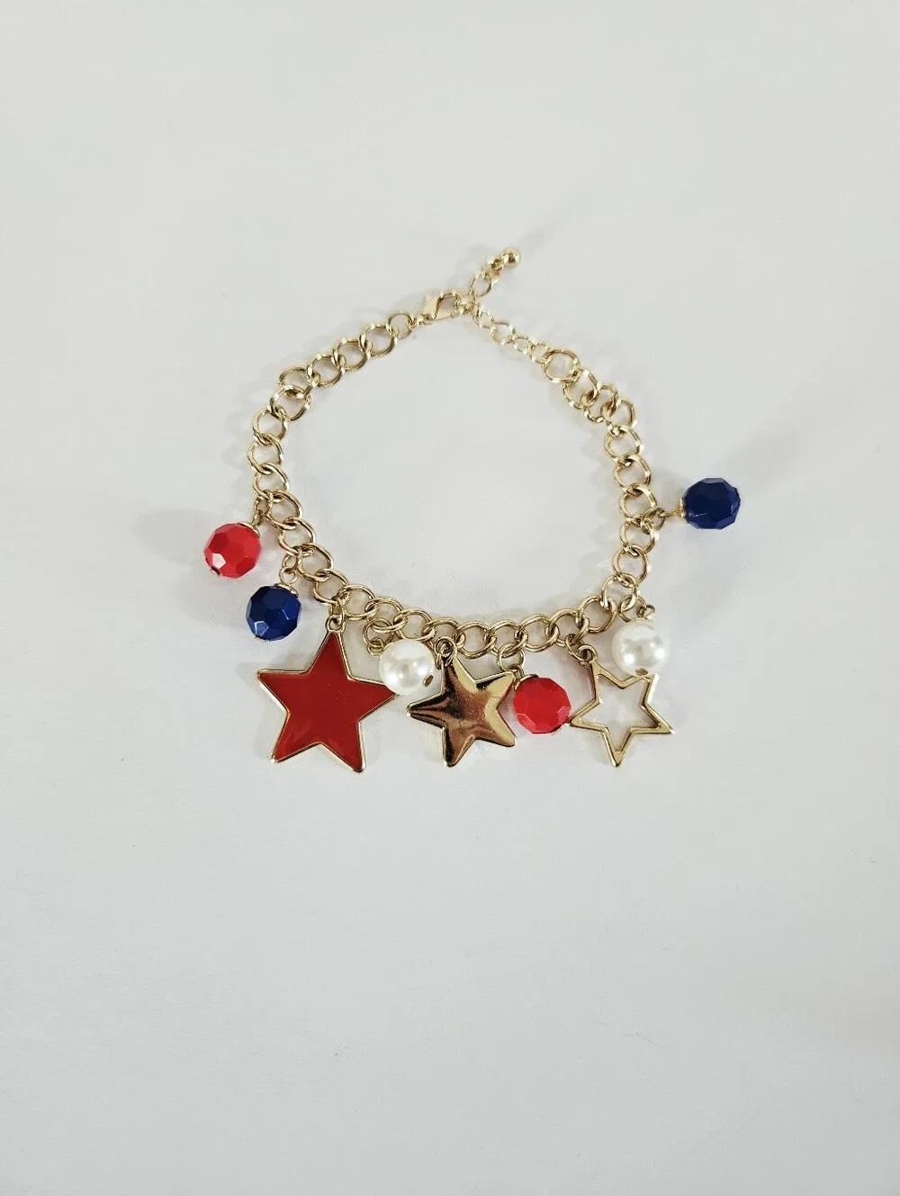 American USA Patriotic Stars Enamel Beaded Gold Tone Chain Chunky Charm Bracelet